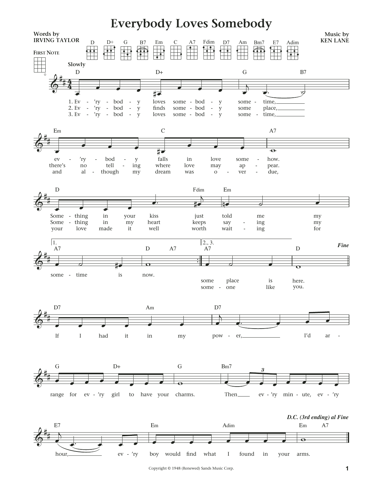 Dean Martin Everybody Loves Somebody (from The Daily Ukulele) (arr. Liz and Jim Beloff) sheet music notes and chords arranged for Ukulele