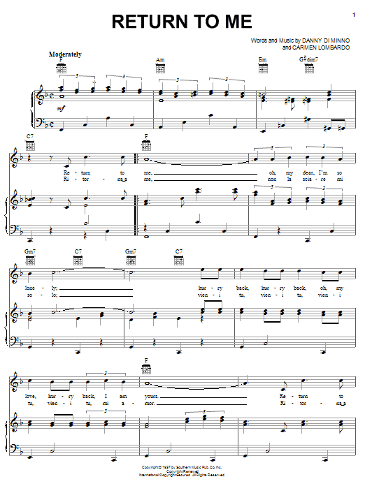 Dean Martin Return To Me sheet music notes and chords arranged for Ukulele Chords/Lyrics