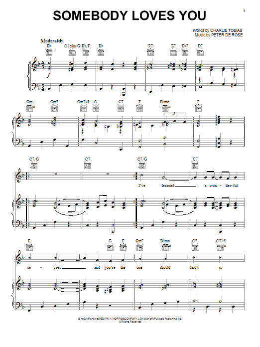Dean Martin Somebody Loves You sheet music notes and chords arranged for Piano, Vocal & Guitar Chords (Right-Hand Melody)