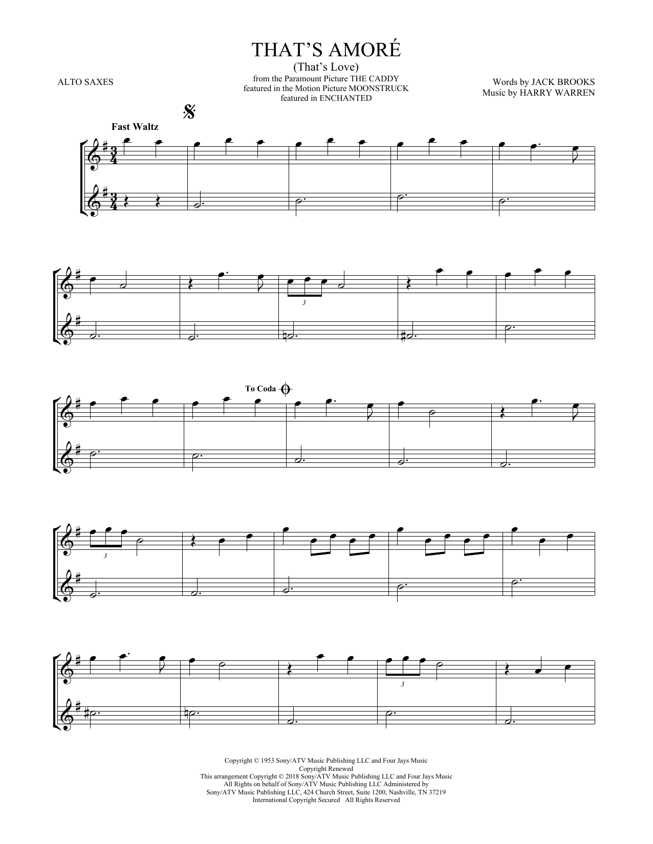 Dean Martin That's Amore (That's Love) (arr. Mark Phillips) sheet music notes and chords arranged for Alto Sax Duet