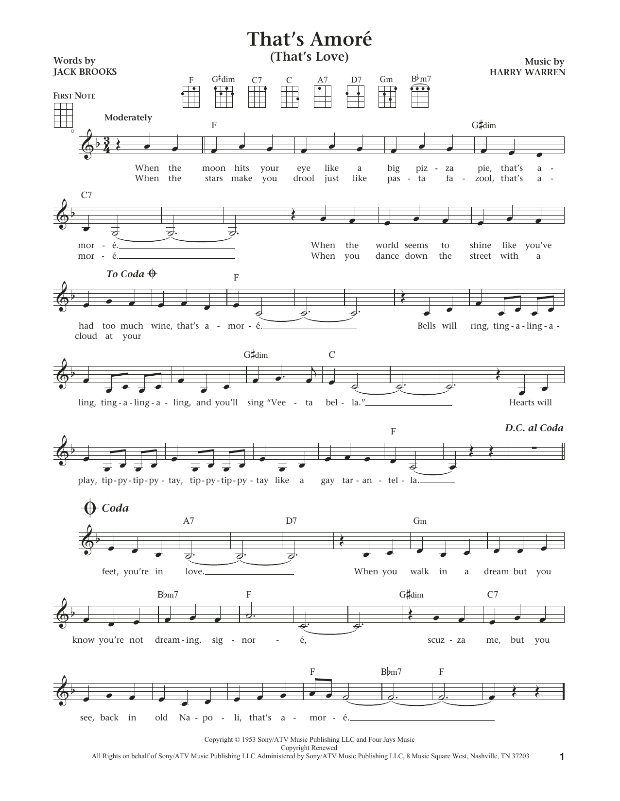 Dean Martin That's Amore (That's Love) (from The Daily Ukulele) (arr. Liz and Jim Beloff) sheet music notes and chords arranged for Ukulele