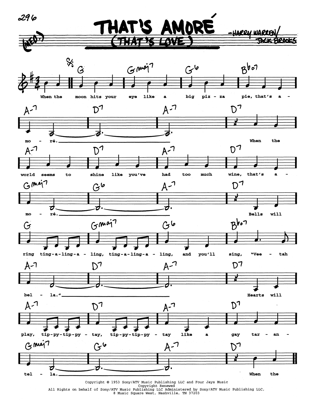 Dean Martin That's Amore (That's Love) (Low Voice) sheet music notes and chords arranged for Real Book – Melody, Lyrics & Chords