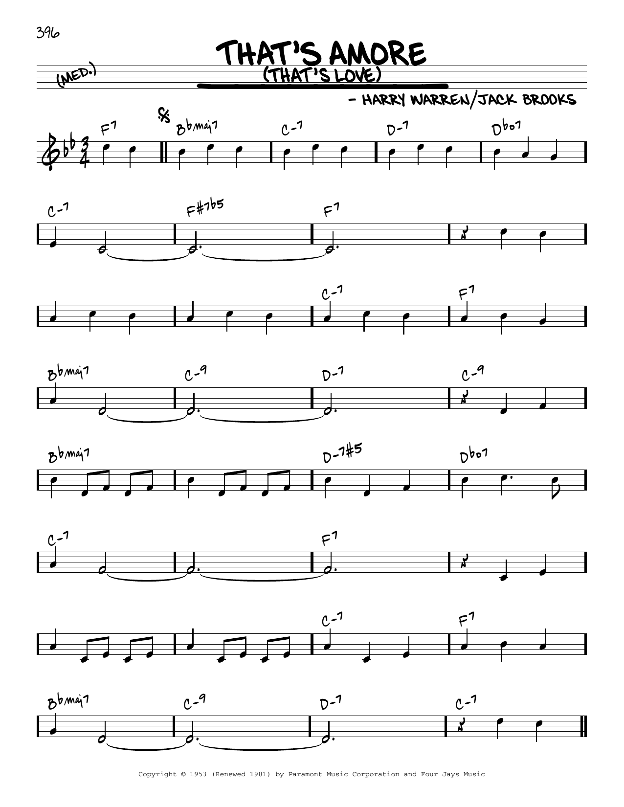 Dean Martin That's Amore (That's Love) [Reharmonized version] (arr. Jack Grassel) sheet music notes and chords arranged for Real Book – Melody & Chords