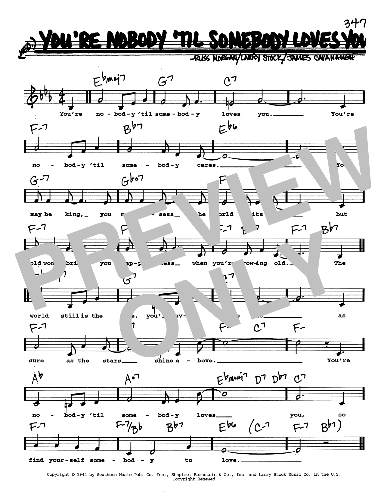 Dean Martin You're Nobody 'til Somebody Loves You (Low Voice) sheet music notes and chords arranged for Real Book – Melody, Lyrics & Chords