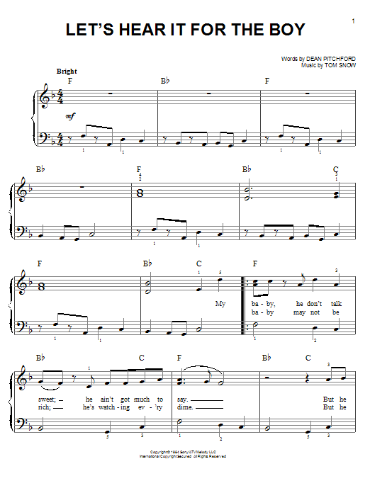 Dean Pitchford Let's Hear It For The Boy sheet music notes and chords arranged for Easy Piano