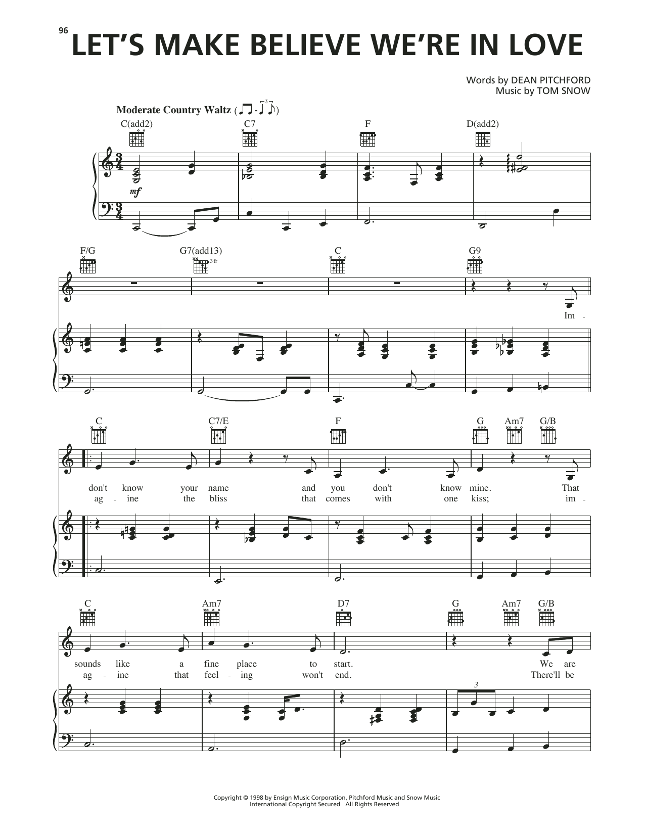 Dean Pitchford Let's Make Believe We're In Love (from Footloose) sheet music notes and chords arranged for Piano, Vocal & Guitar Chords (Right-Hand Melody)
