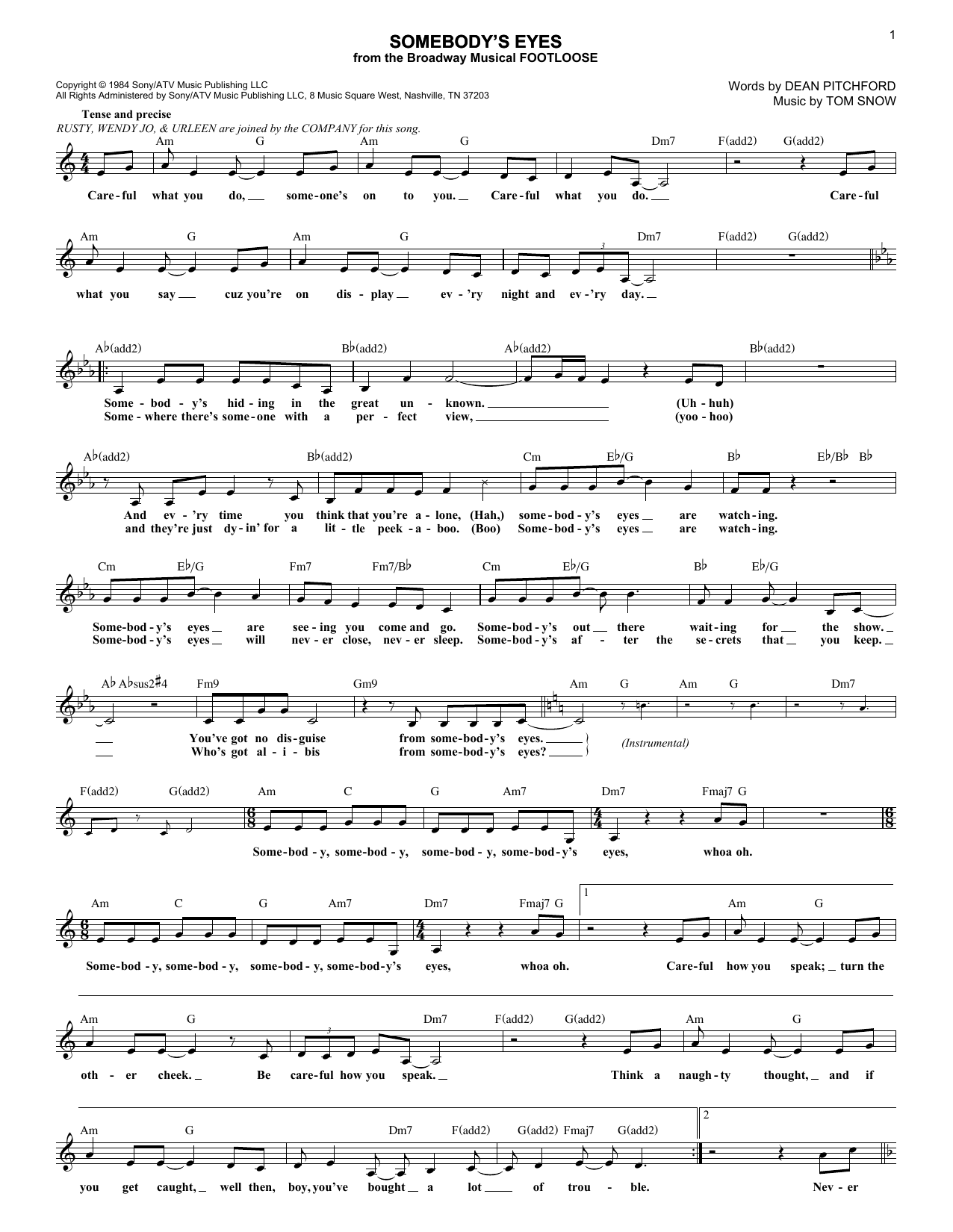 Dean Pitchford Somebody's Eyes sheet music notes and chords arranged for Lead Sheet / Fake Book