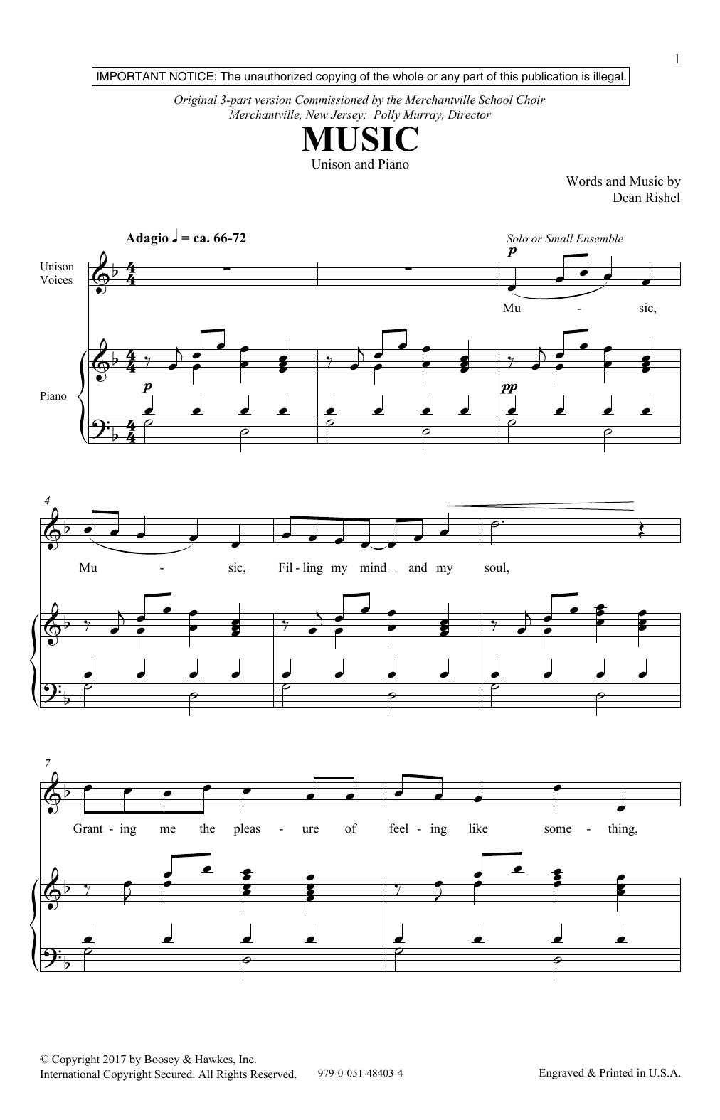 Dean Rishel Music sheet music notes and chords arranged for Unison Choir