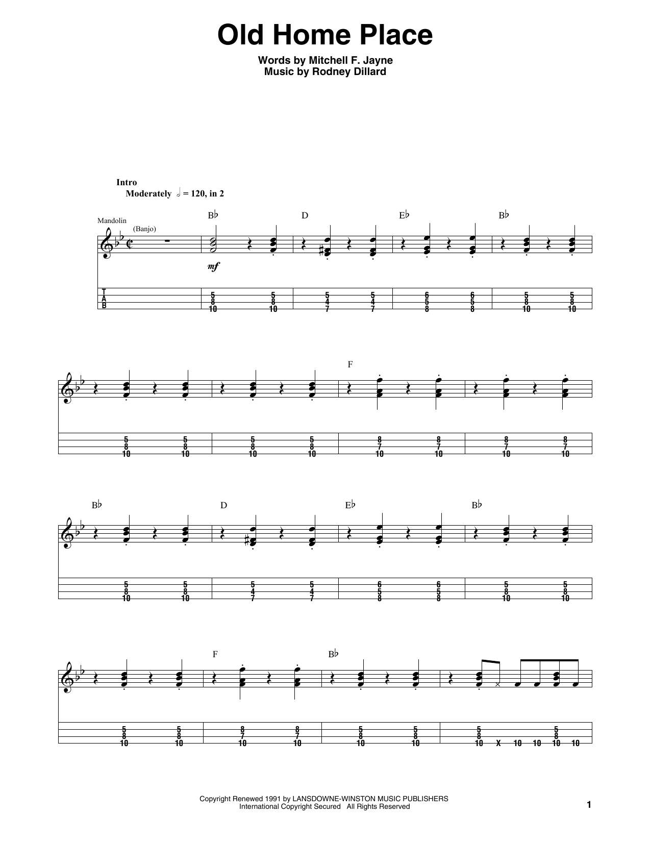 Dean Webb Old Home Place sheet music notes and chords arranged for Mandolin Tab