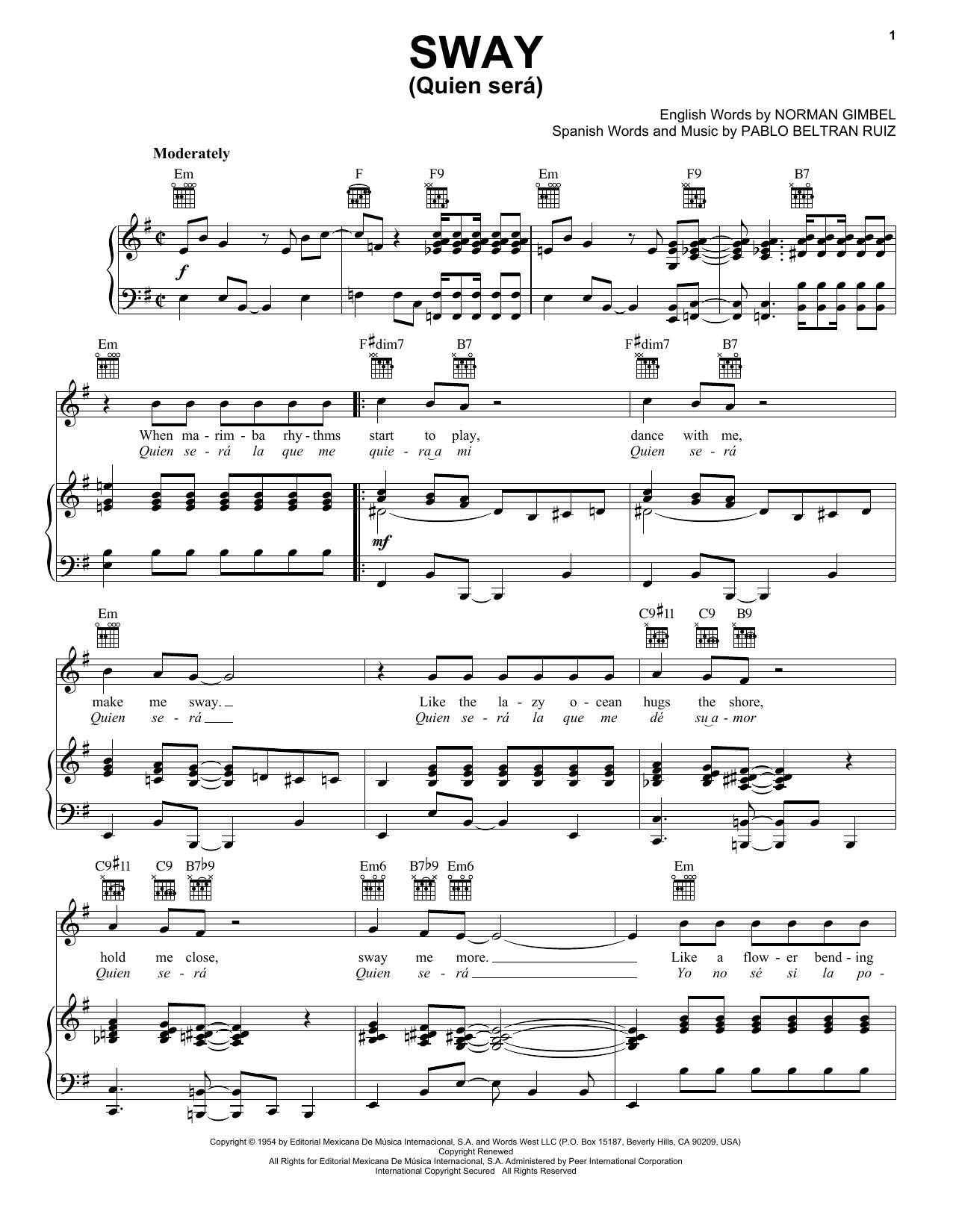 Dean Martin Sway (Quien Sera) sheet music notes and chords. Download Printable PDF.