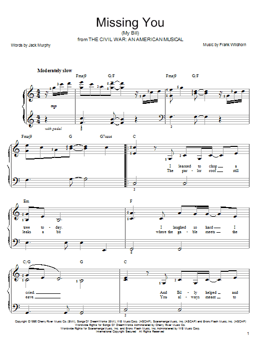 Deana Carter Missing You (My Bill) sheet music notes and chords arranged for Easy Piano