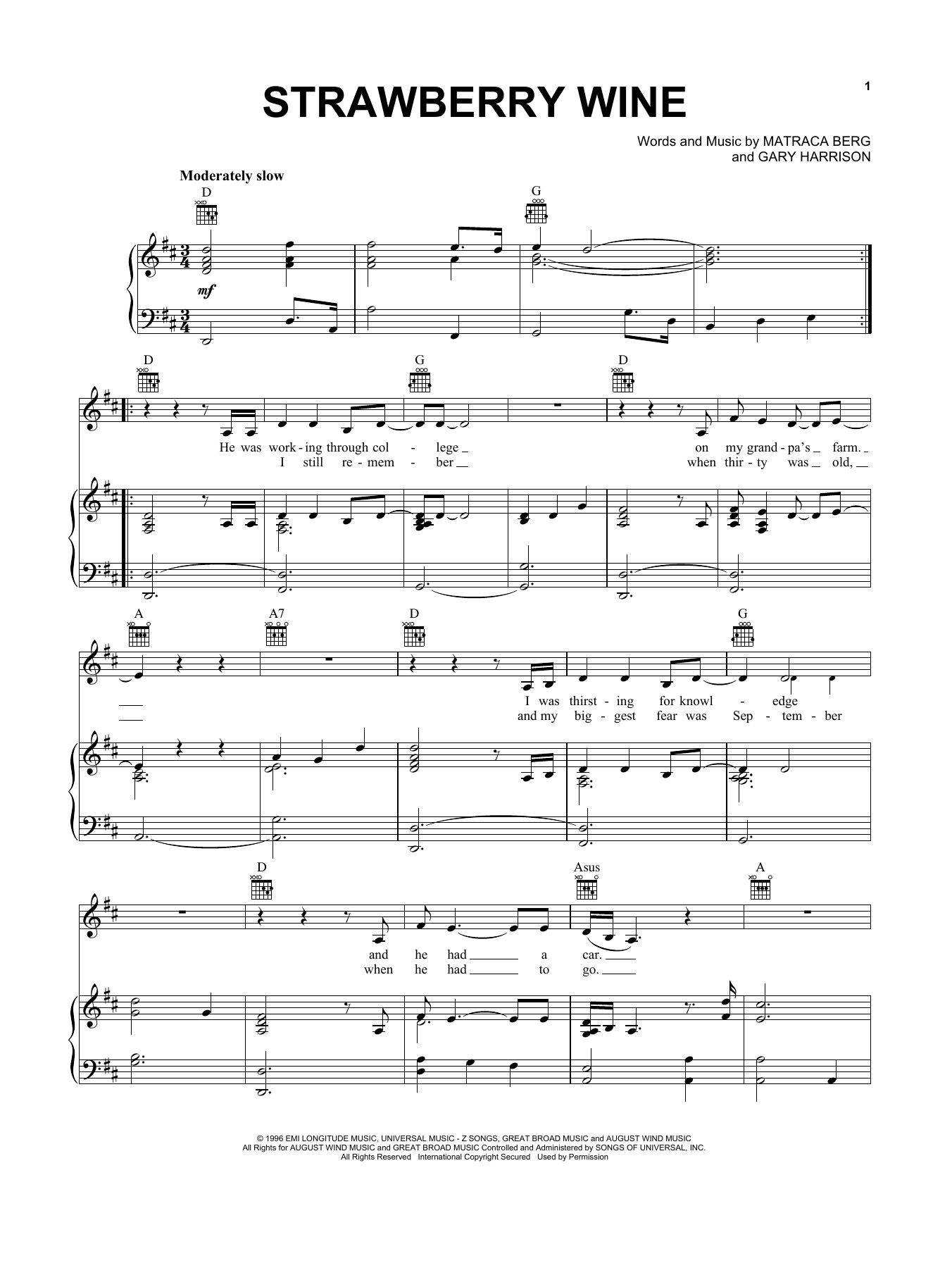 Deana Carter Strawberry Wine sheet music notes and chords arranged for Very Easy Piano