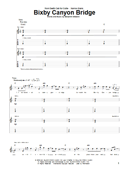 Death Cab For Cutie Bixby Canyon Bridge sheet music notes and chords arranged for Guitar Tab