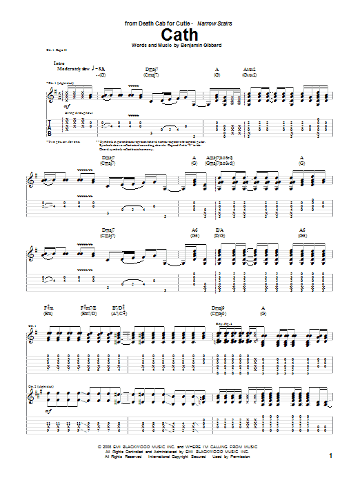 Death Cab For Cutie Cath sheet music notes and chords arranged for Guitar Tab