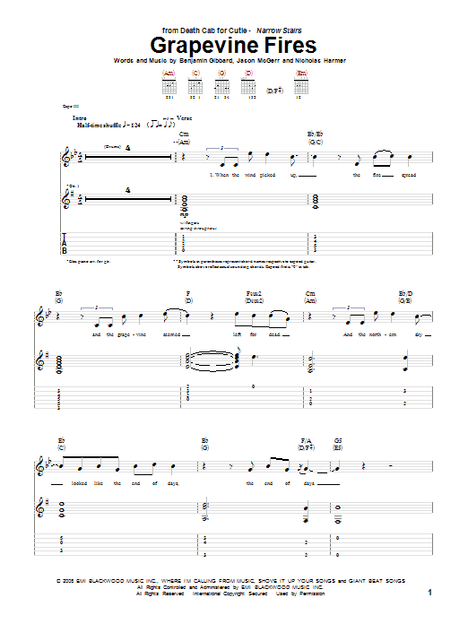 Death Cab For Cutie Grapevine Fires sheet music notes and chords arranged for Guitar Tab