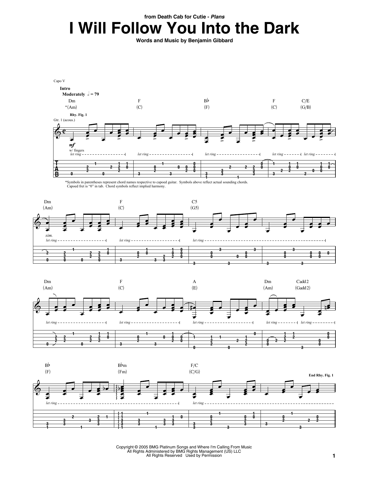 Death Cab For Cutie I Will Follow You Into The Dark sheet music notes and chords arranged for Easy Guitar