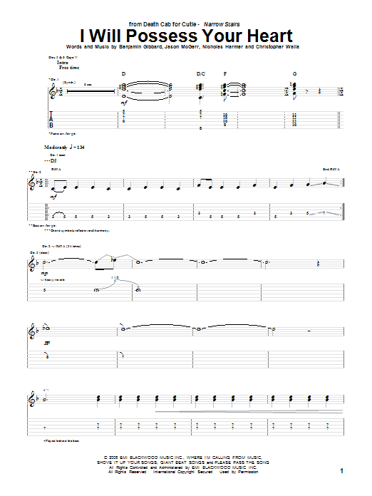 Death Cab For Cutie I Will Possess Your Heart sheet music notes and chords arranged for Guitar Tab