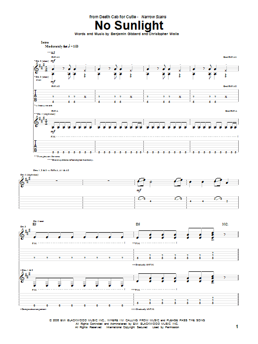 Death Cab For Cutie No Sunlight sheet music notes and chords arranged for Guitar Tab