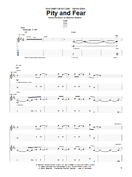 Death Cab For Cutie Pity And Fear sheet music notes and chords arranged for Guitar Tab