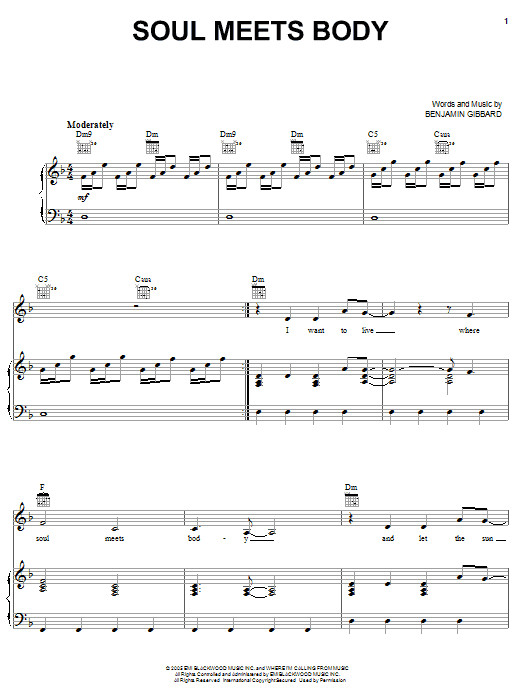 Death Cab For Cutie Soul Meets Body sheet music notes and chords arranged for Piano, Vocal & Guitar Chords (Right-Hand Melody)