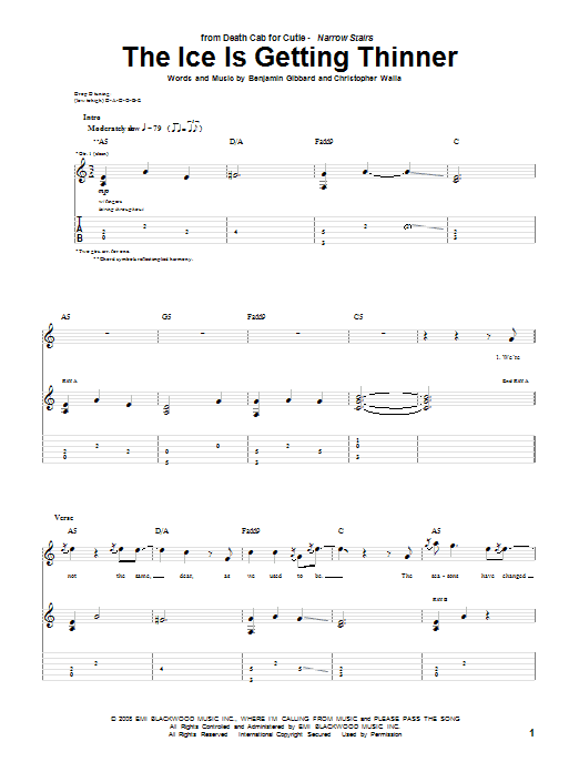 Death Cab For Cutie The Ice Is Getting Thinner sheet music notes and chords arranged for Guitar Tab