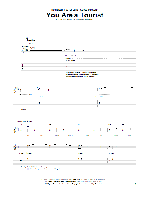 Death Cab For Cutie You Are A Tourist sheet music notes and chords arranged for Guitar Tab