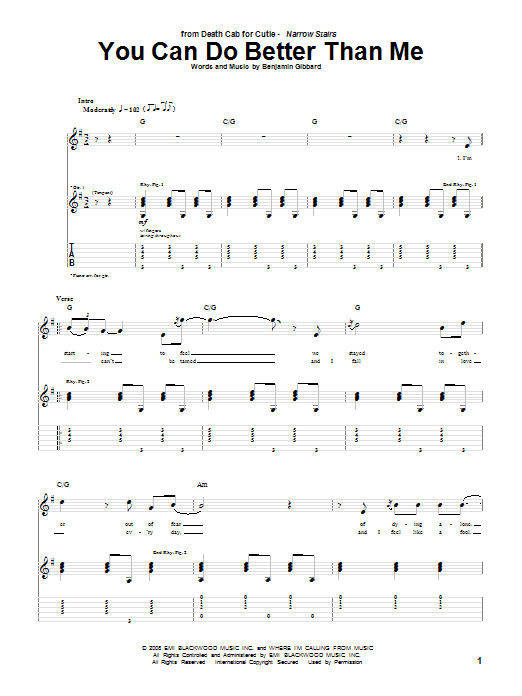 Death Cab For Cutie You Can Do Better Than Me sheet music notes and chords arranged for Guitar Tab