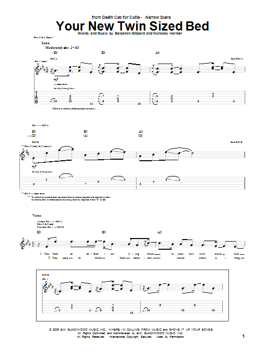 Death Cab For Cutie Your New Twin Sized Bed sheet music notes and chords arranged for Guitar Tab