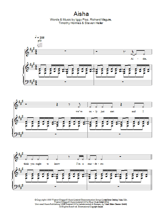 Death In Vegas Aisha sheet music notes and chords arranged for Piano, Vocal & Guitar Chords