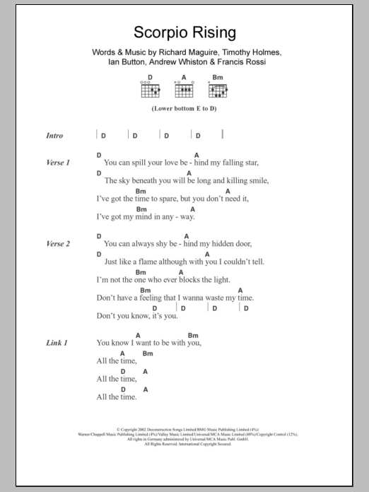 Death In Vegas Scorpio Rising sheet music notes and chords arranged for Guitar Chords/Lyrics