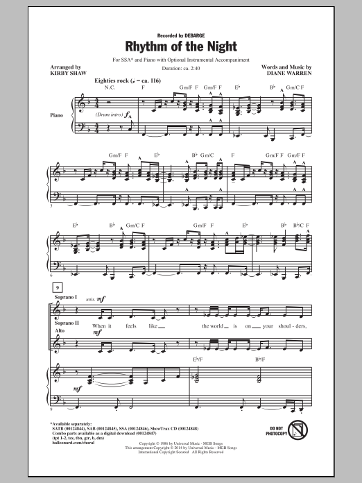 DeBarge Rhythm Of The Night (arr. Kirby Shaw) sheet music notes and chords arranged for SSA Choir