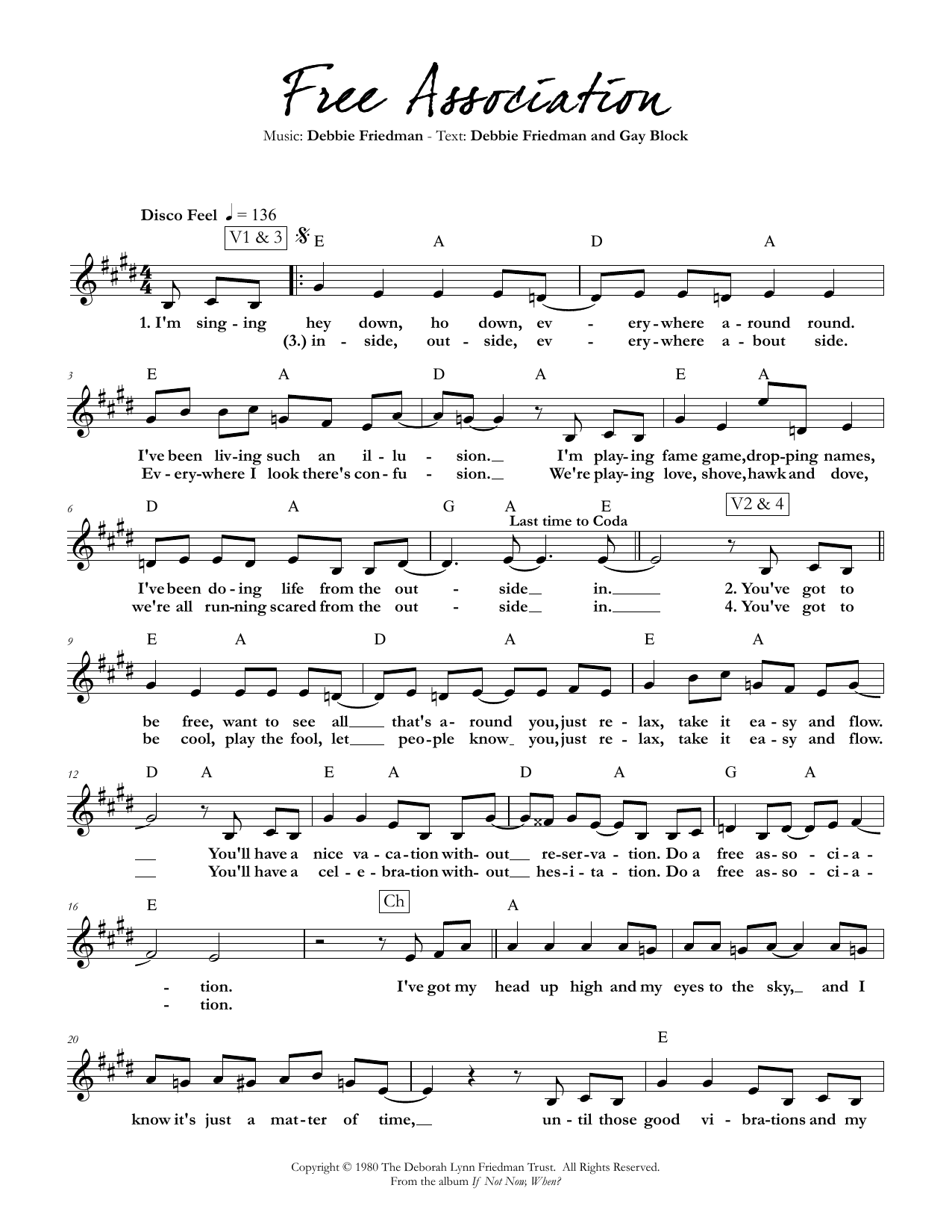 Debbie Friedman & Gay Block Free Association sheet music notes and chords arranged for Lead Sheet / Fake Book