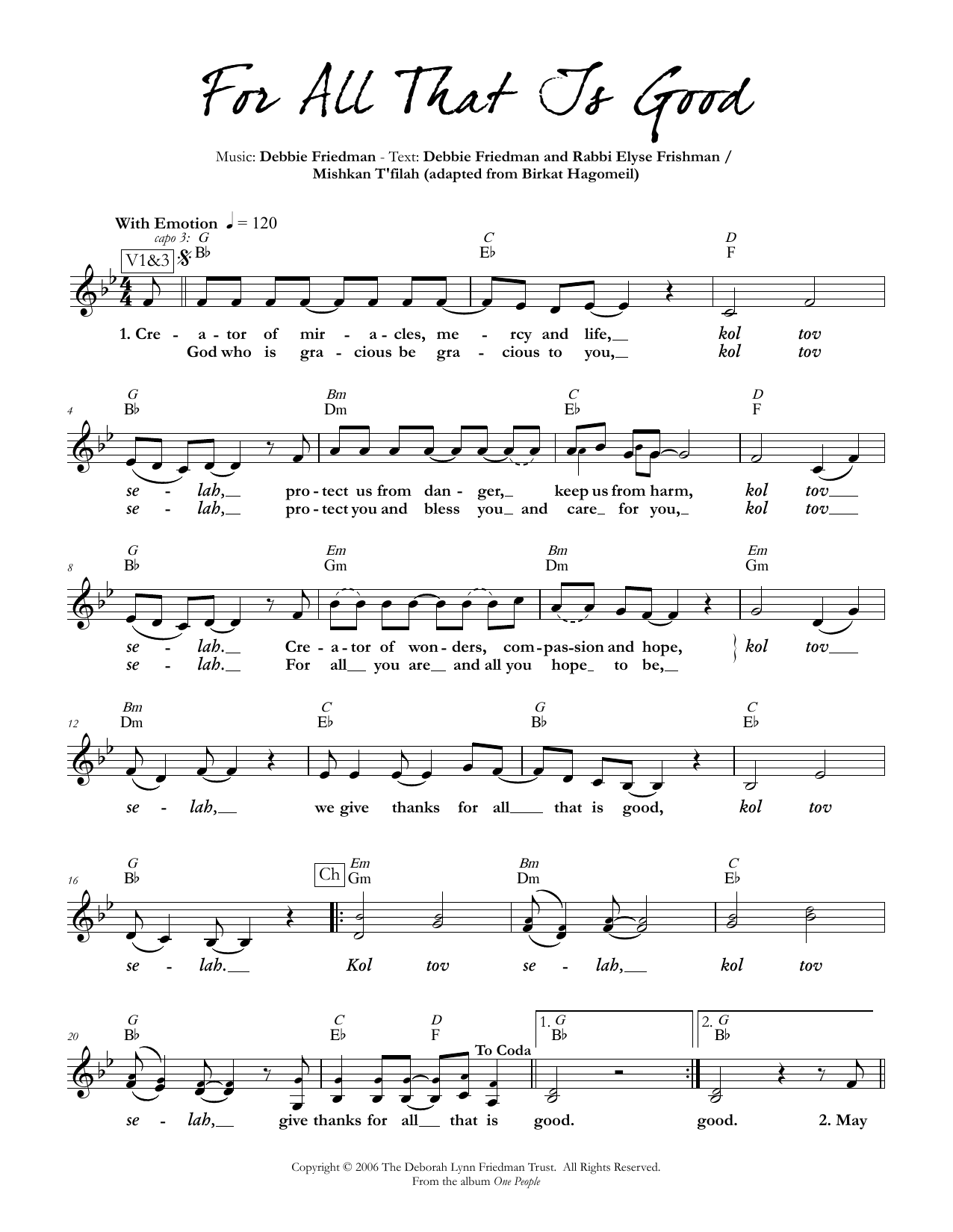 Debbie Friedman & Rabbi Elyse Frishman For All That Is Good sheet music notes and chords arranged for Lead Sheet / Fake Book