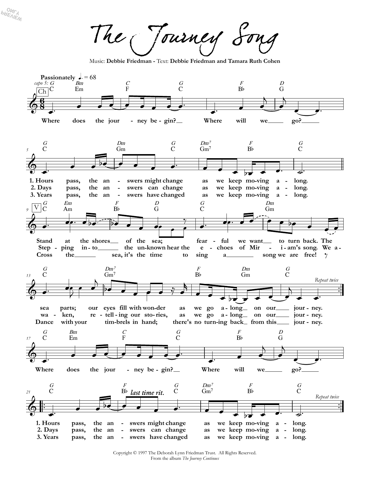 Debbie Friedman & Tamara Ruth Cohen The Journey Song sheet music notes and chords arranged for Lead Sheet / Fake Book