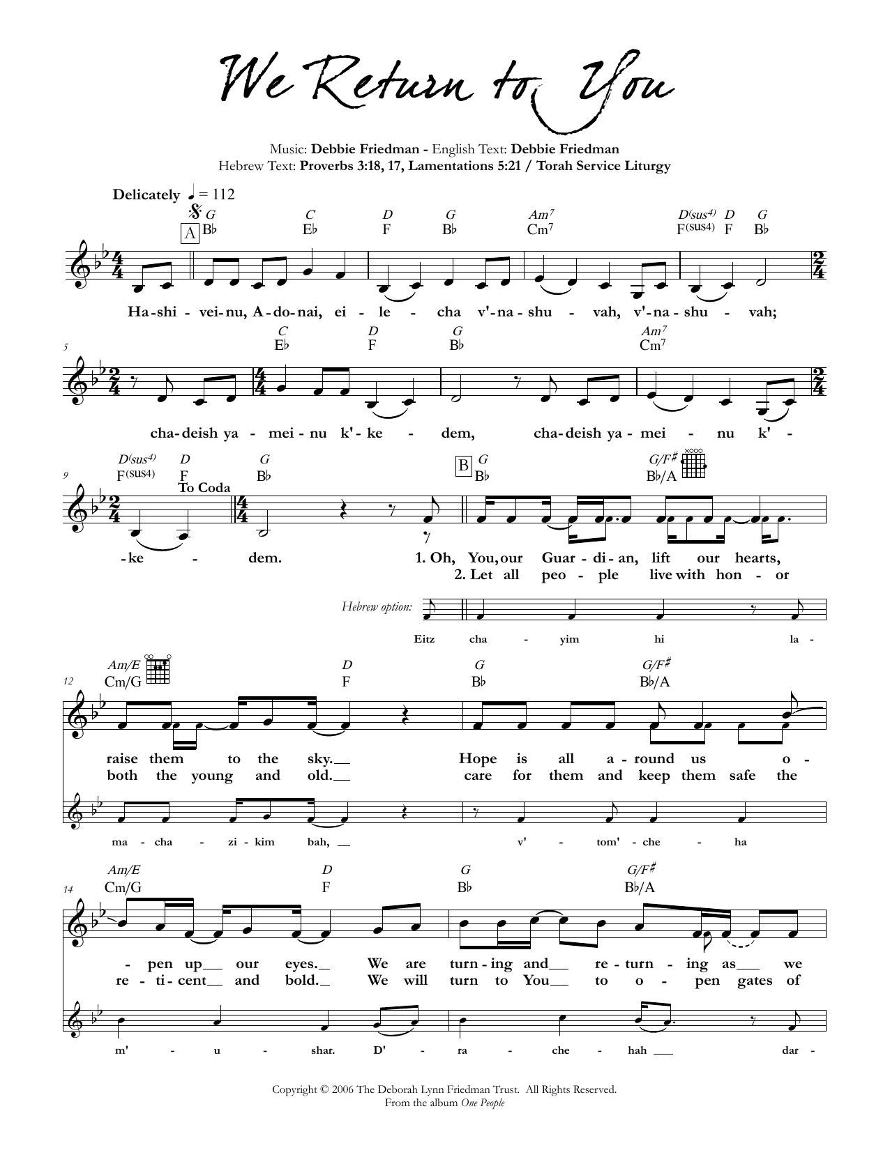 Debbie Friedman & Tamara Ruth Cohen We Return to You sheet music notes and chords arranged for Lead Sheet / Fake Book