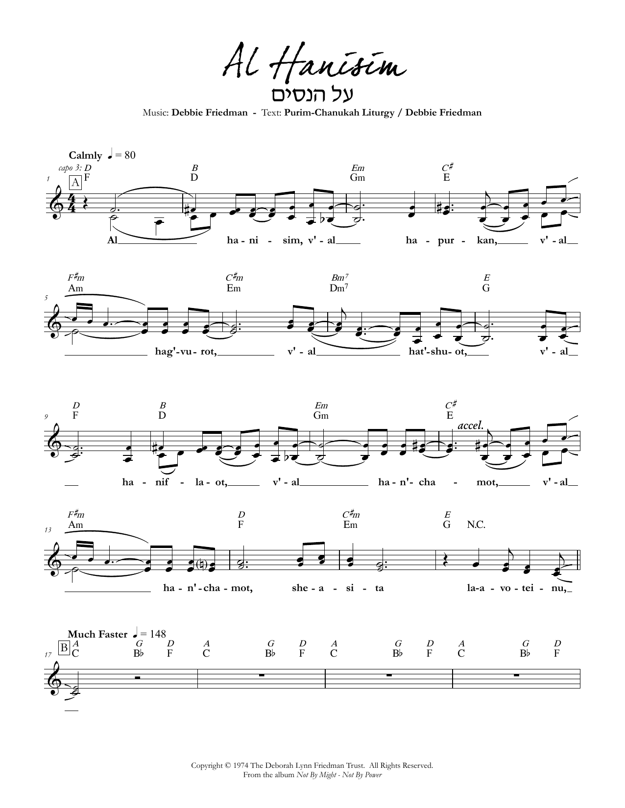 Debbie Friedman Al Hanisim sheet music notes and chords arranged for Lead Sheet / Fake Book