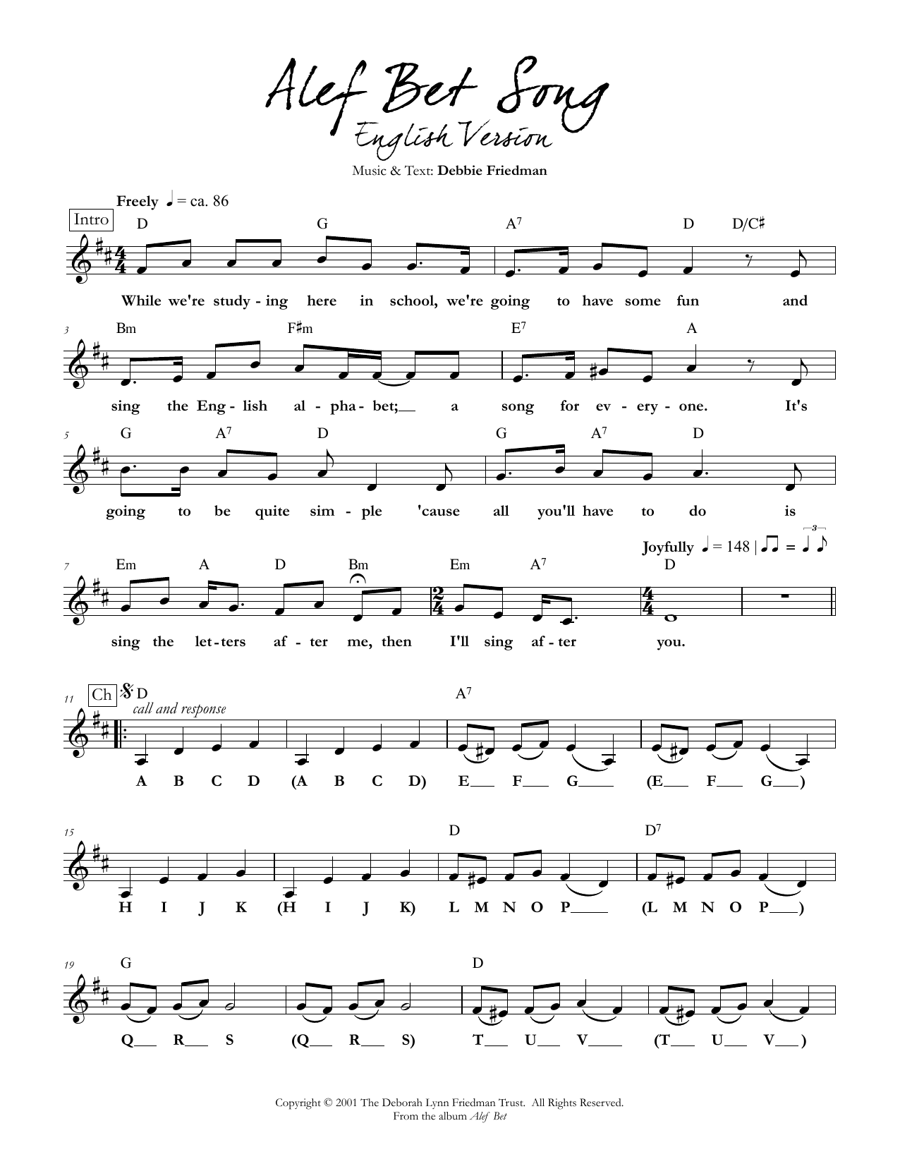 Debbie Friedman Alef Bet Song (English Version) sheet music notes and chords arranged for Lead Sheet / Fake Book