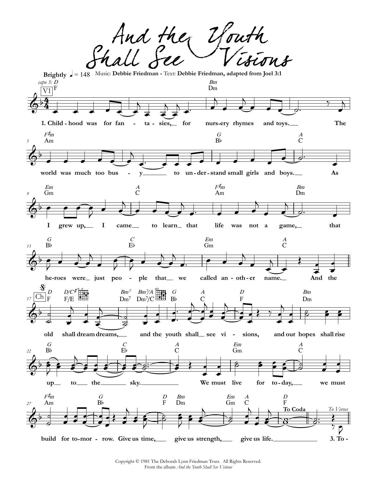 Debbie Friedman And the Youth Shall See Visions sheet music notes and chords arranged for Lead Sheet / Fake Book