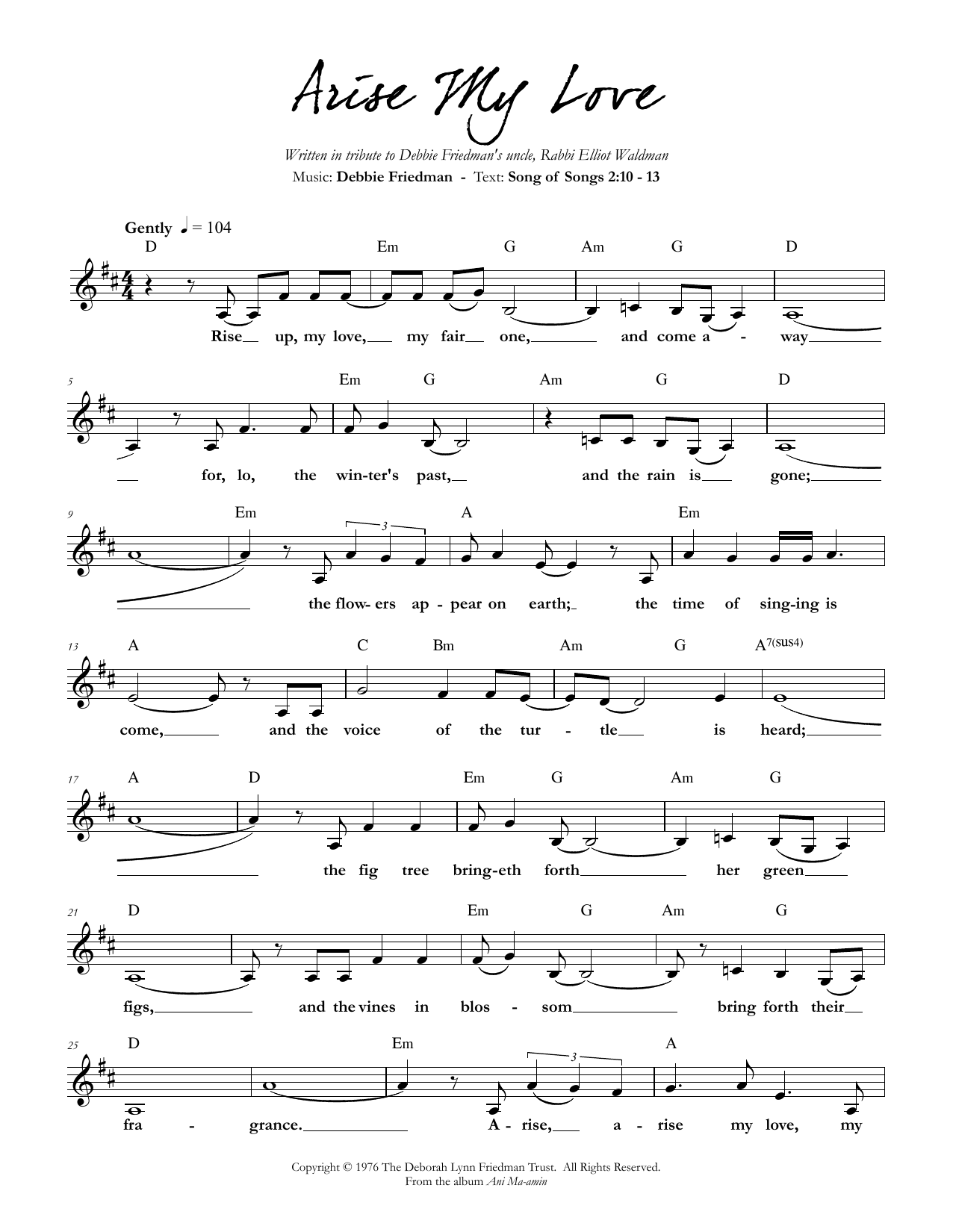 Debbie Friedman Arise My Love sheet music notes and chords arranged for Lead Sheet / Fake Book