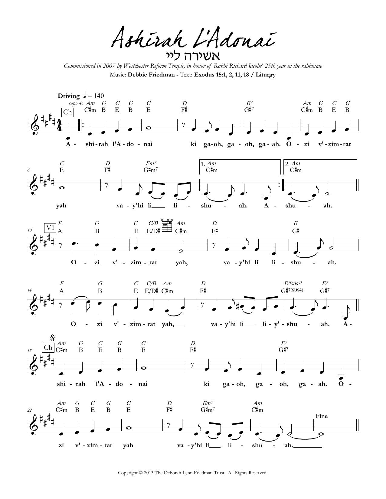 Debbie Friedman Ashirah L'Adonai sheet music notes and chords arranged for Lead Sheet / Fake Book