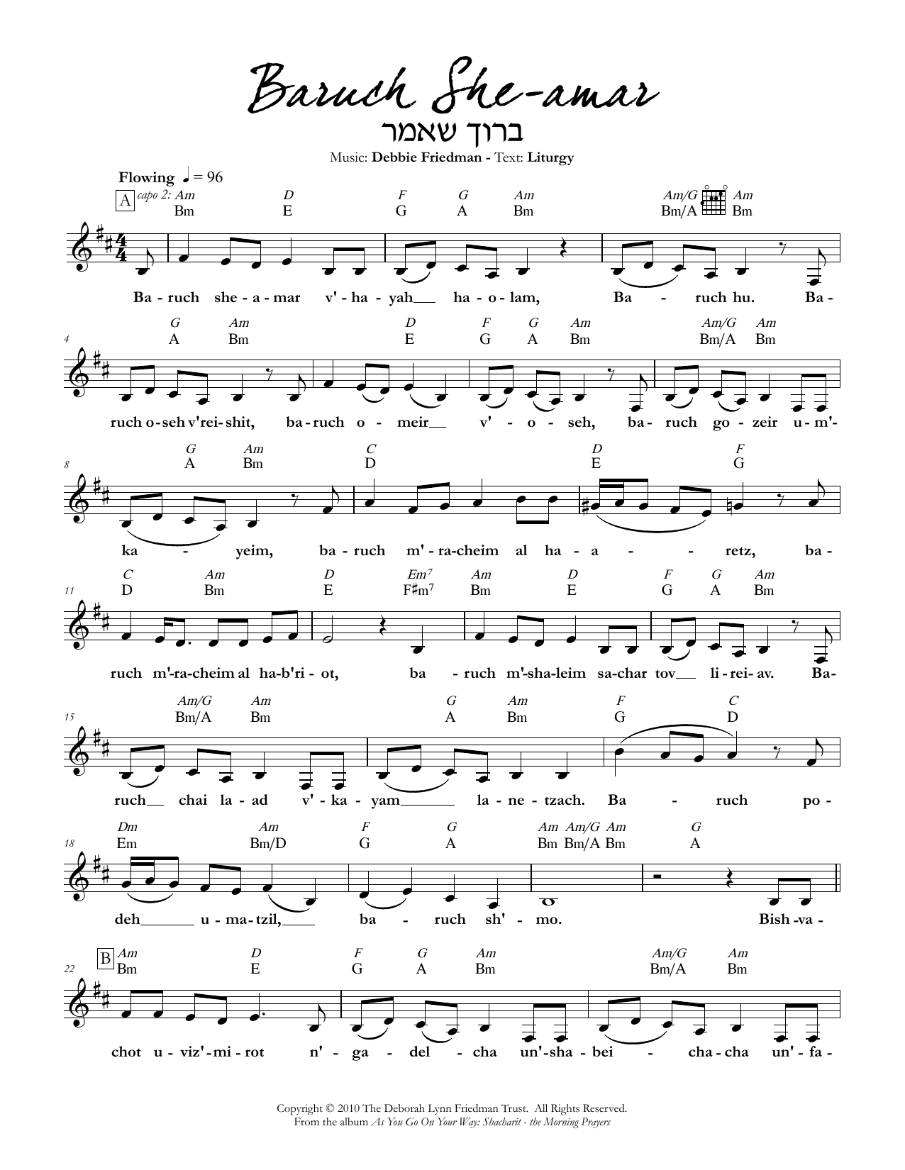 Debbie Friedman Baruch She-amar sheet music notes and chords arranged for Lead Sheet / Fake Book