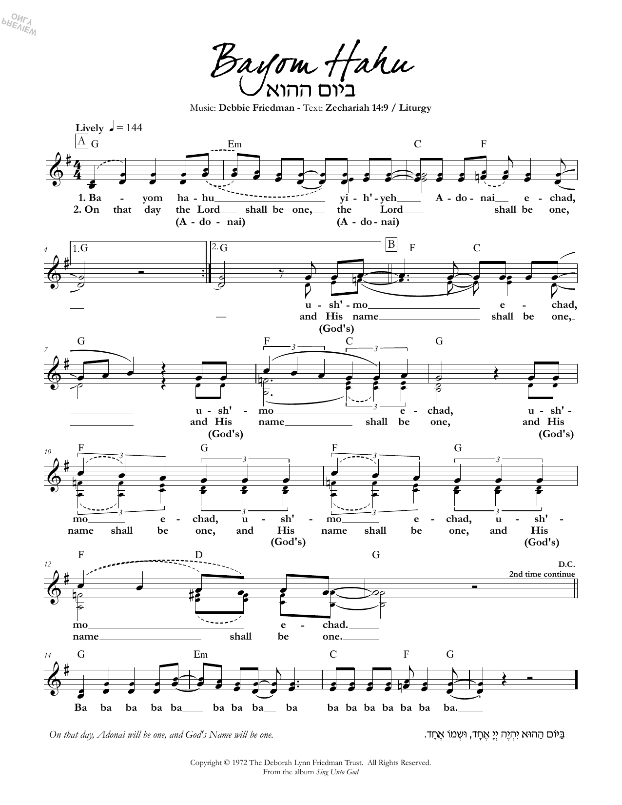 Debbie Friedman Bayom Hahu sheet music notes and chords arranged for Lead Sheet / Fake Book