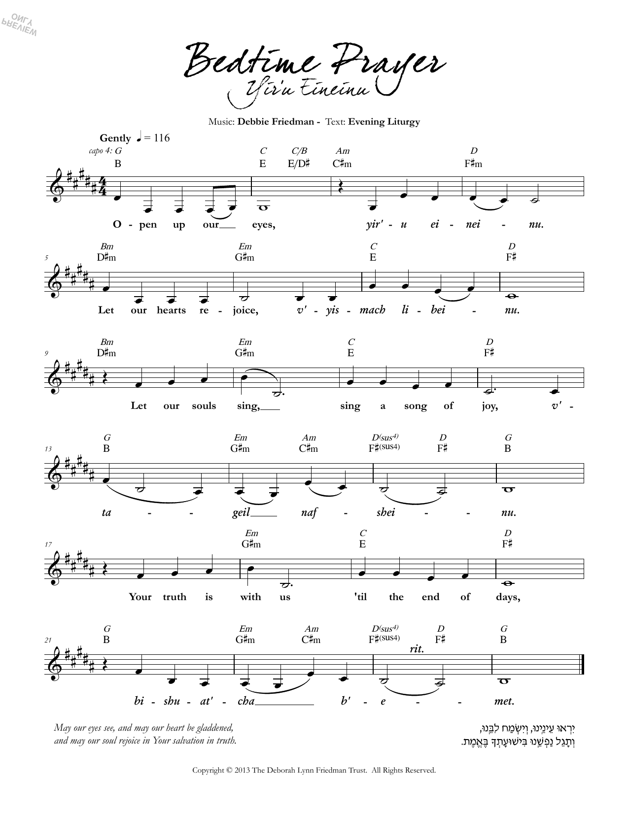 Debbie Friedman Bedtime Prayer (Yir'u Eineinu) sheet music notes and chords arranged for Lead Sheet / Fake Book