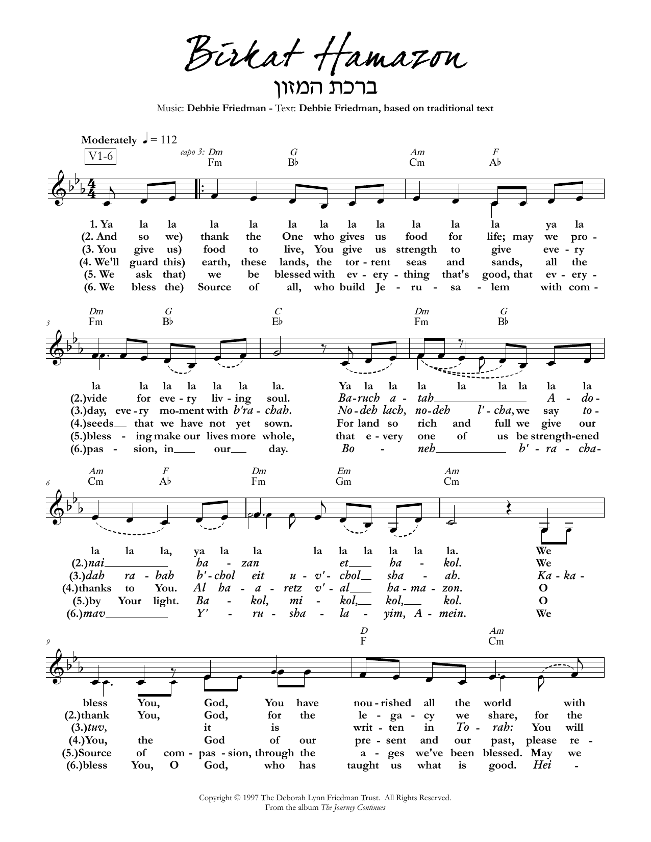 Debbie Friedman Birkat Hamazon sheet music notes and chords arranged for Lead Sheet / Fake Book