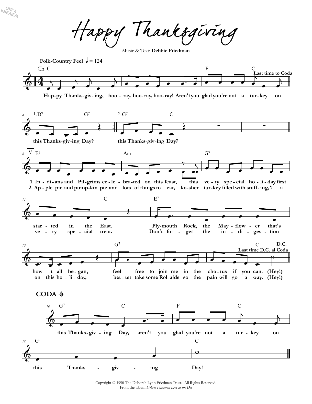 Debbie Friedman Happy Thanksgiving sheet music notes and chords arranged for Lead Sheet / Fake Book