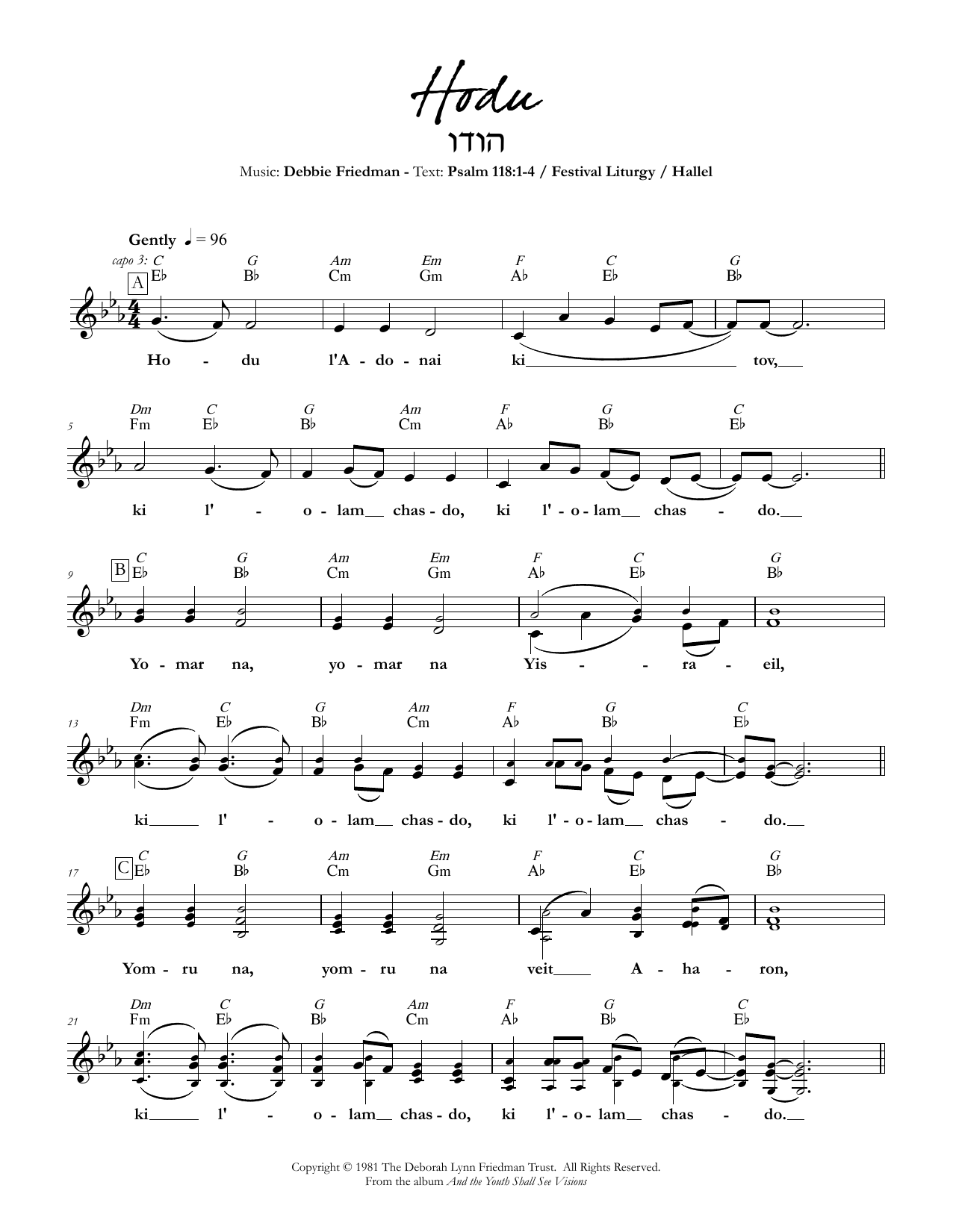 Debbie Friedman Hodu sheet music notes and chords arranged for Lead Sheet / Fake Book