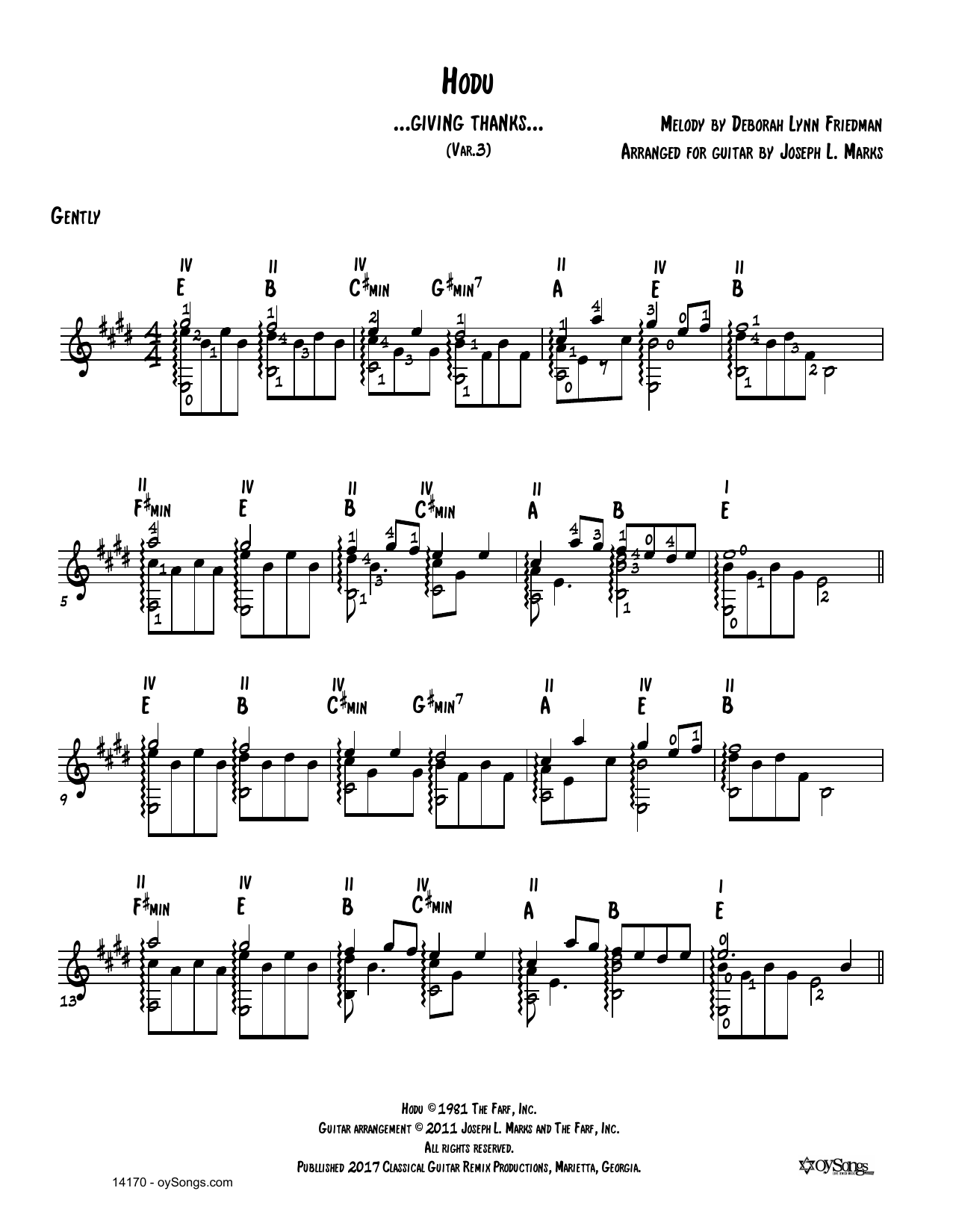 Debbie Friedman Hodu Var 3 (arr. Joe Marks) sheet music notes and chords arranged for Solo Guitar