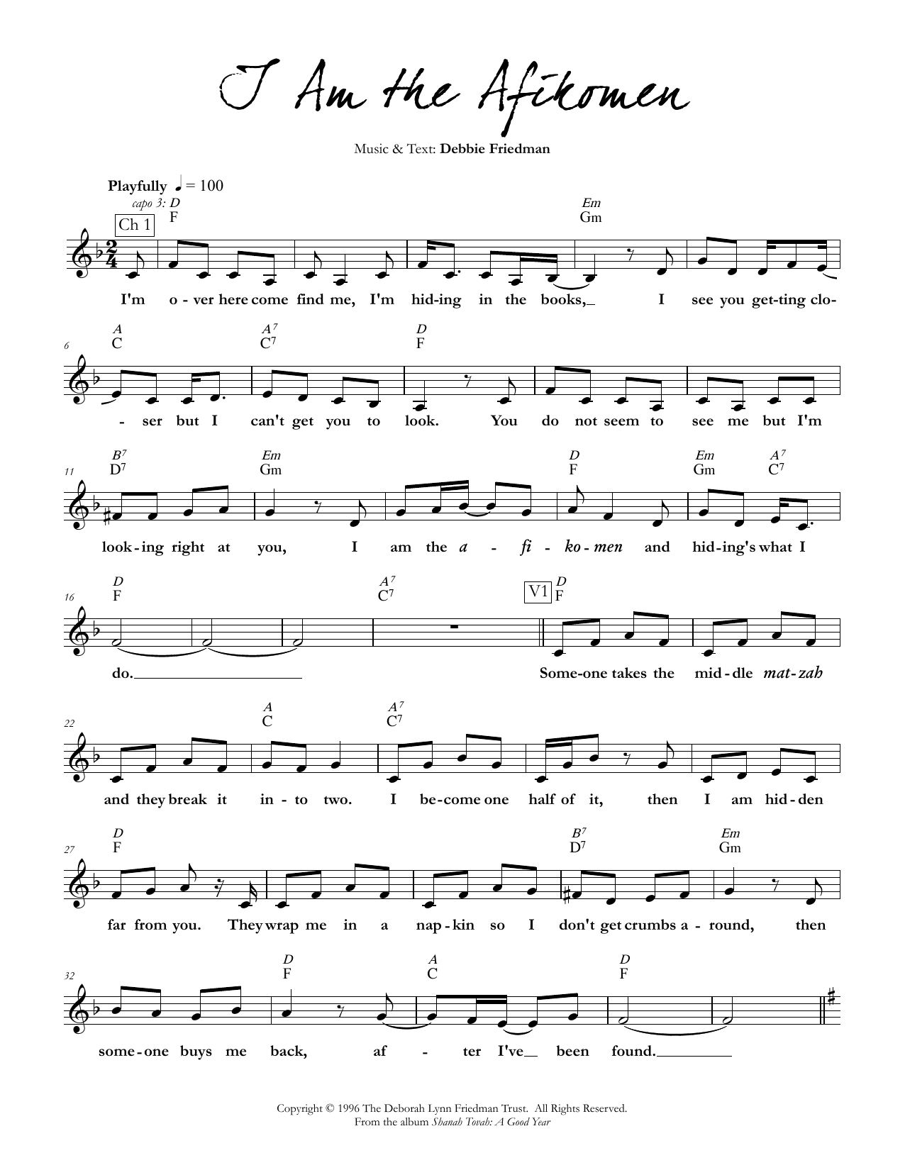 Debbie Friedman I Am the Afikomen sheet music notes and chords arranged for Lead Sheet / Fake Book
