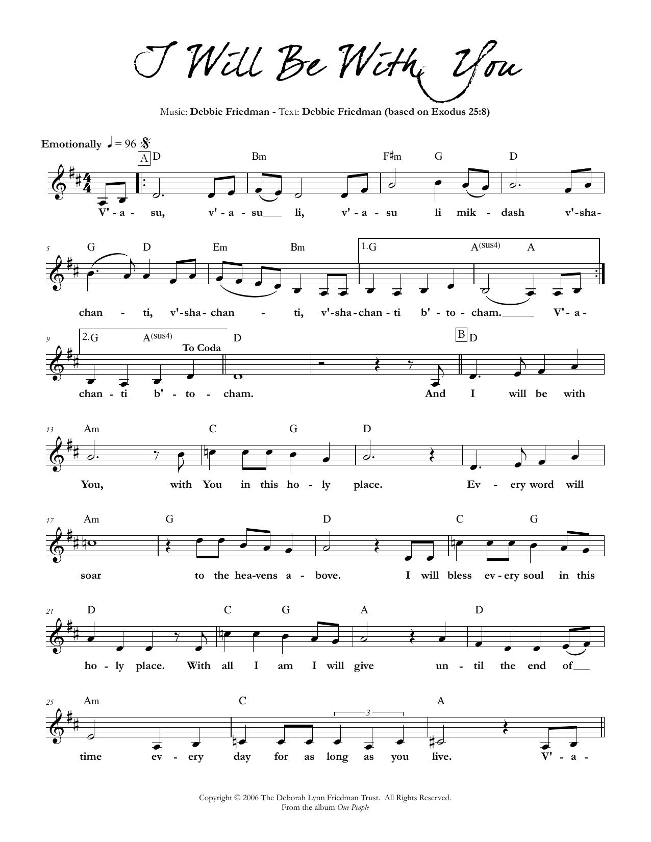 Debbie Friedman I Will Be With You sheet music notes and chords arranged for Lead Sheet / Fake Book
