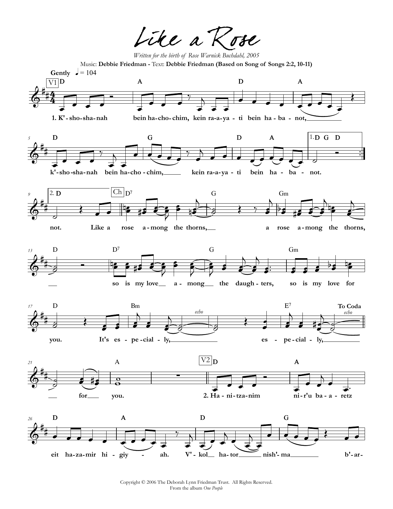 Debbie Friedman Like a Rose sheet music notes and chords arranged for Lead Sheet / Fake Book